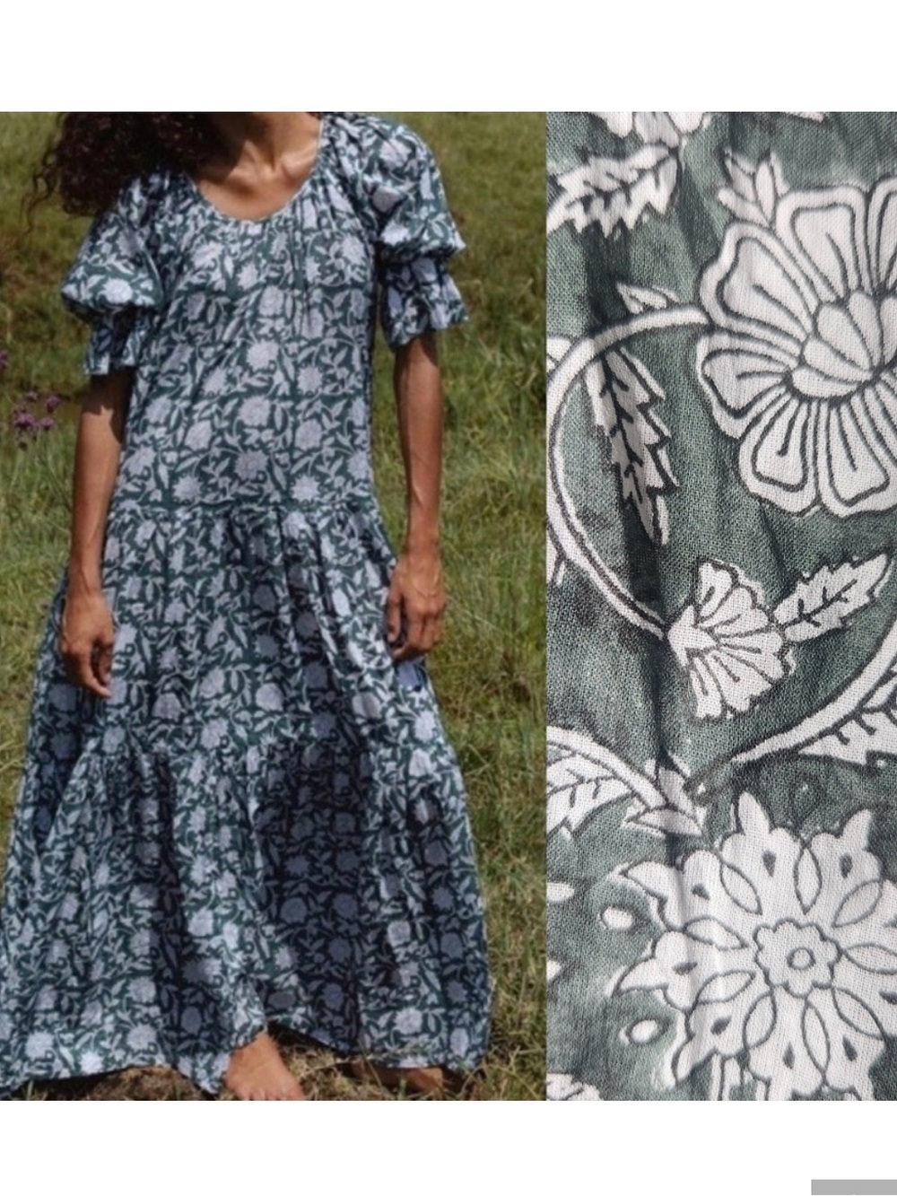 Daughters of India Sahana Forest Green Floral Block Print Tiered Maxi Dress - Picture 4 of 12